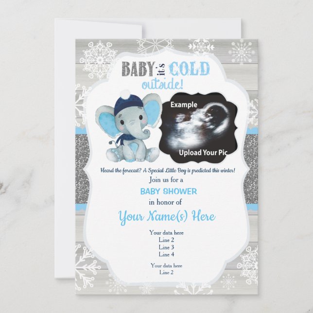 Elephant Winter Ultrasound Invitation Baby Shower (Front)