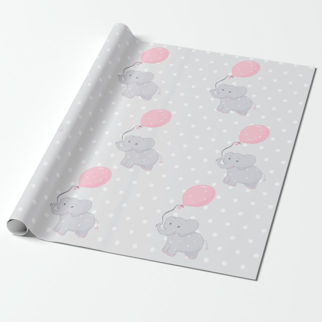 Elephant with Balloon Baby Shower Girl Wrapping Paper (Unrolled)
