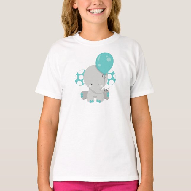 Elephant With Balloon, Cute Elephant - Blue Grey T-Shirt (Front)
