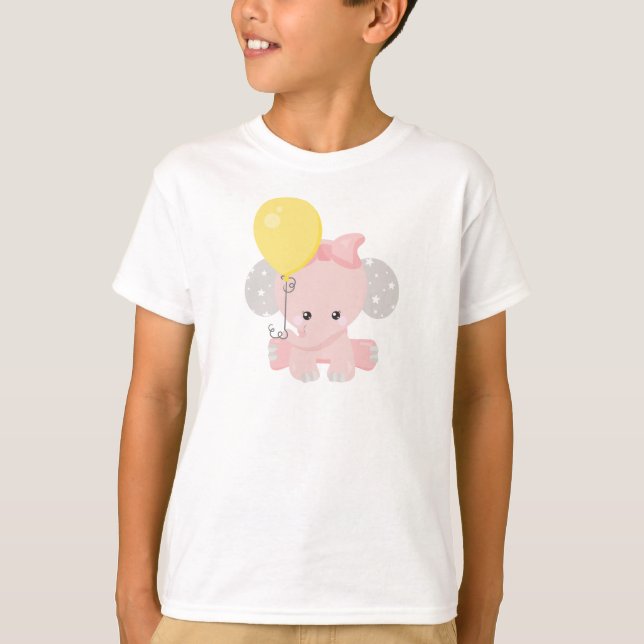 Elephant With Balloon, Cute Elephant, Crown, Stars T-Shirt (Front)