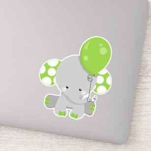 Elephant With Balloon, Cute Elephant - Green Grey