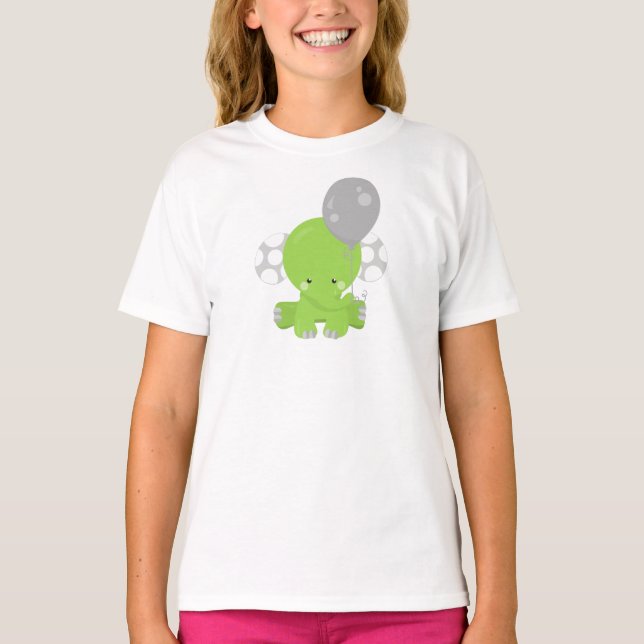Elephant With Balloon, Green Elephant, Cute Animal T-Shirt (Front)