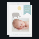 Elephant with Balloon Photo Birth Announcement<br><div class="desc">Cute Elephant with Balloon Birth Announcement 
 Customisable birth announcement featuring a grey elephant illustration with a yellow balloon.</div>