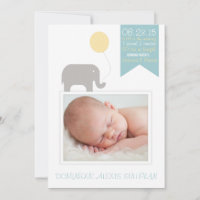 Elephant with Balloon Photo Birth Announcement