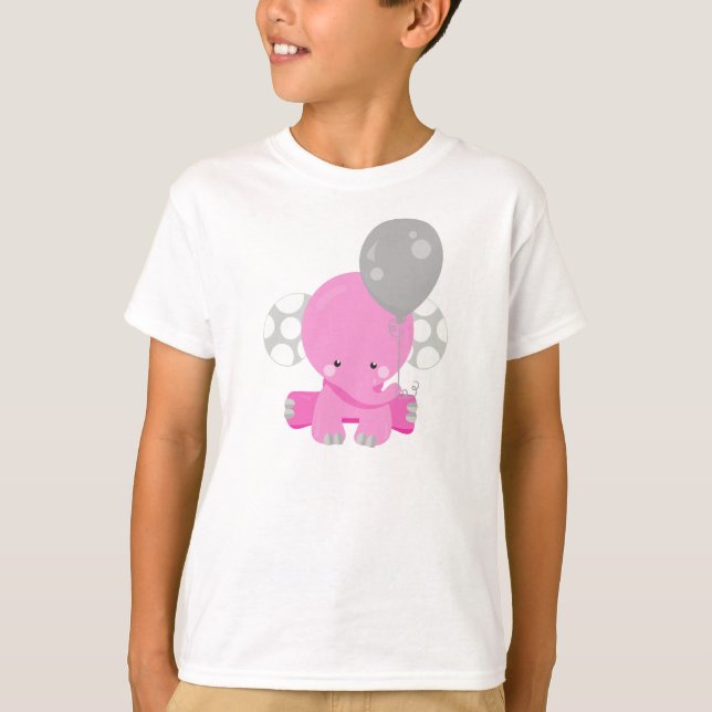 Elephant With Balloon, Pink Elephant, Cute Animal T-Shirt (Front)