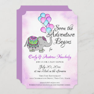 Elephant with Balloons Baby Shower Invitation