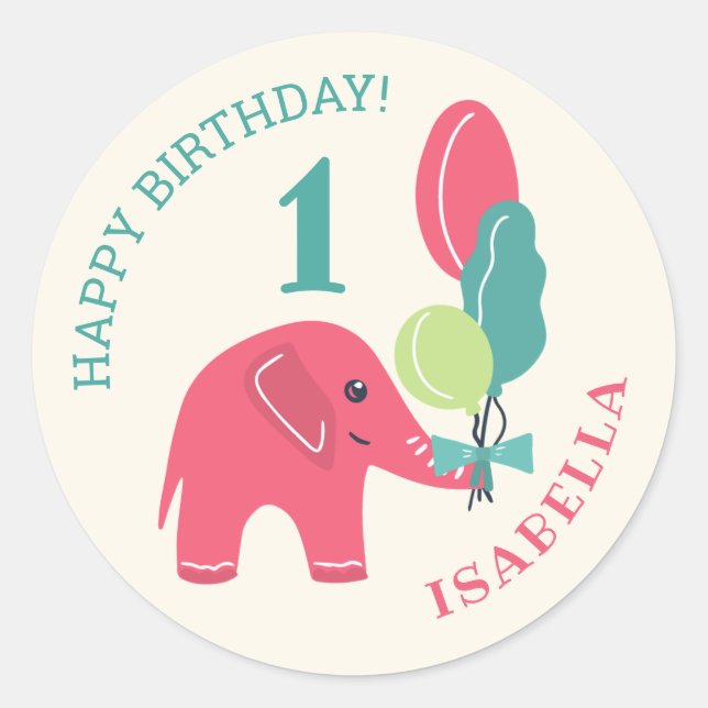 Elephant with Balloons Girls 1st Birthday Classic Round Sticker (Front)