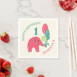 Elephant with Balloons Girls 1st Birthday Napkin
