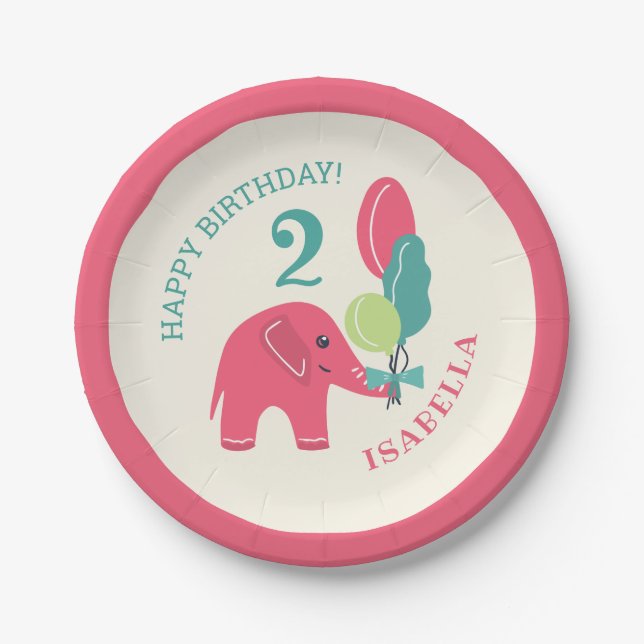 Elephant with Balloons Girls 2nd Birthday Paper Plate (Front)