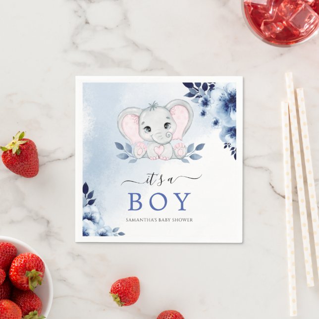 Elephant With Blue Anemones Boy Baby Shower Napkin (Insitu)