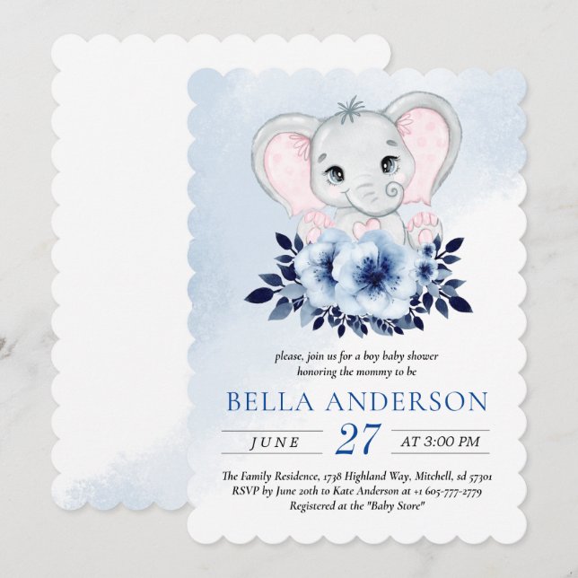 Elephant With Blue Anemones Watercolor Baby Shower Invitation (Front/Back)