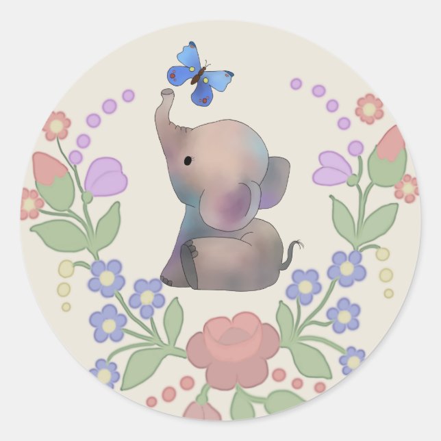 Elephant with butterfly classic round sticker (Front)