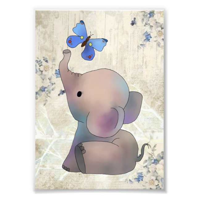 Elephant with butterfly vintage photo print (Front)