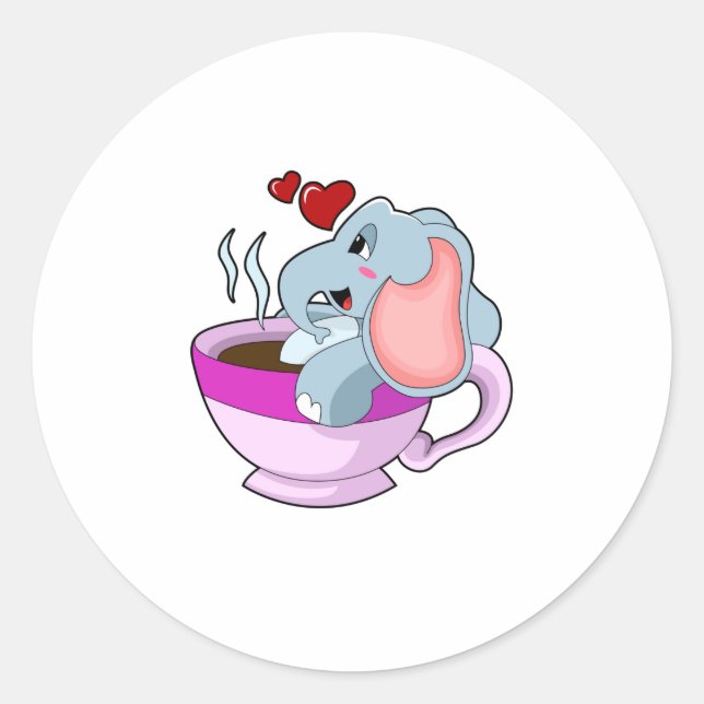 Elephant with Coffee Cup Classic Round Sticker (Front)