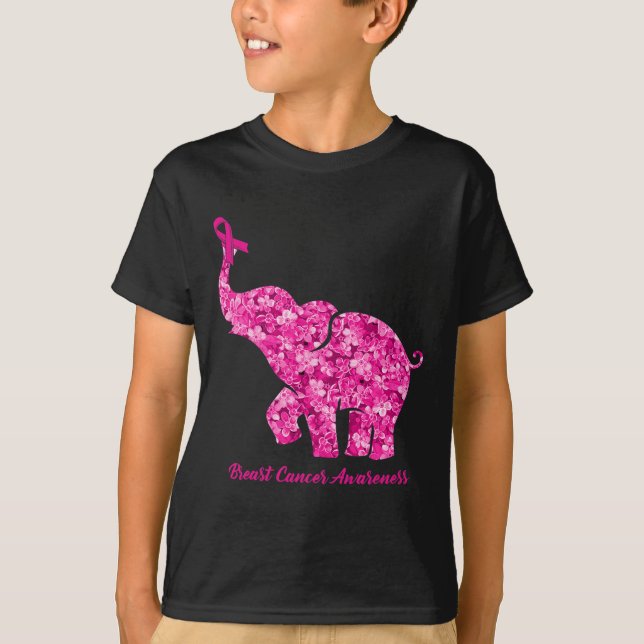 Elephant With Flower Breast Cancer Awareness Ribbo T-Shirt (Front)
