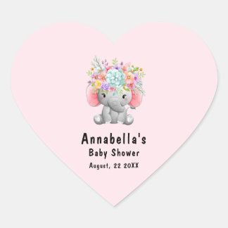 Elephant with Flowers Baby Shower Heart Sticker
