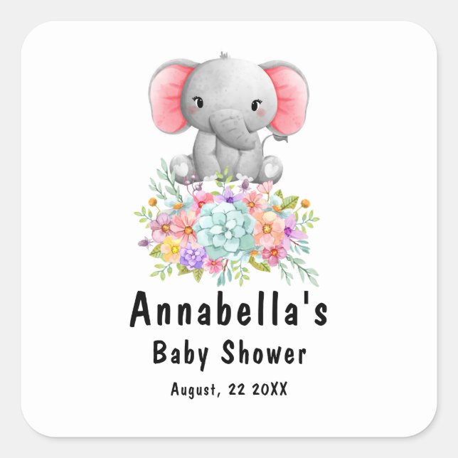 Elephant with Flowers  Baby Shower  Square Sticker (Front)