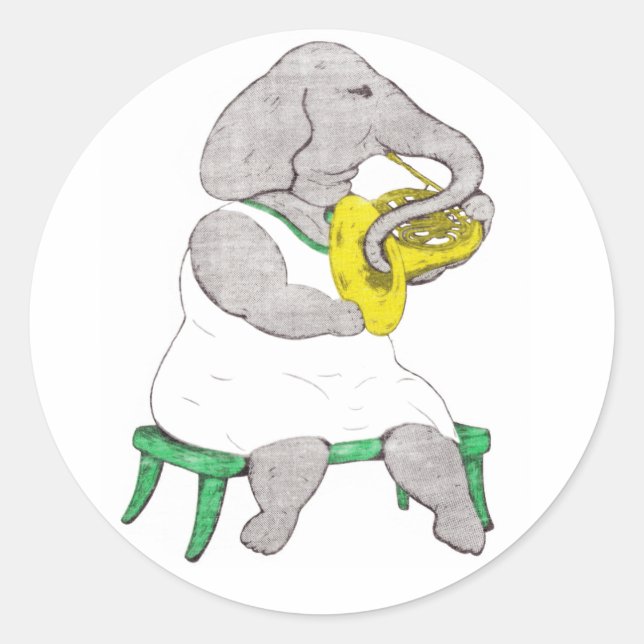 Elephant with French Horn Classic Round Sticker (Front)
