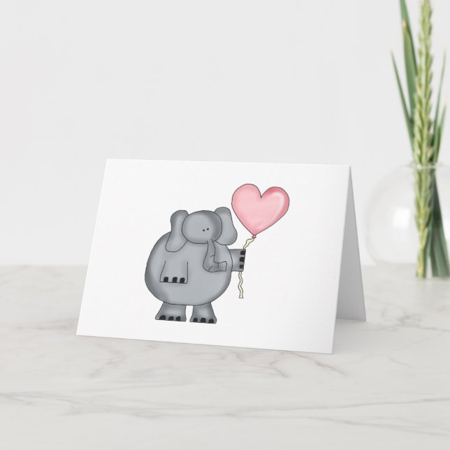 Elephant with Heart Balloon Holiday Card (Front)