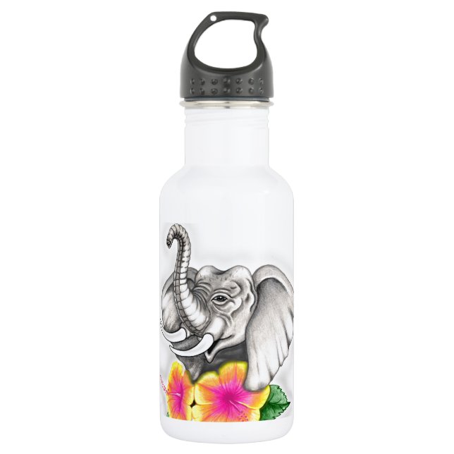 Elephant with Hibiscus Design 532 Ml Water Bottle (Front)
