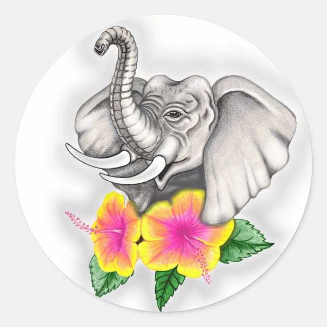 Elephant with Hibiscus Design Classic Round Sticker (Front)