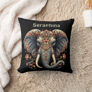 Elephant with intricate floral designs cushion