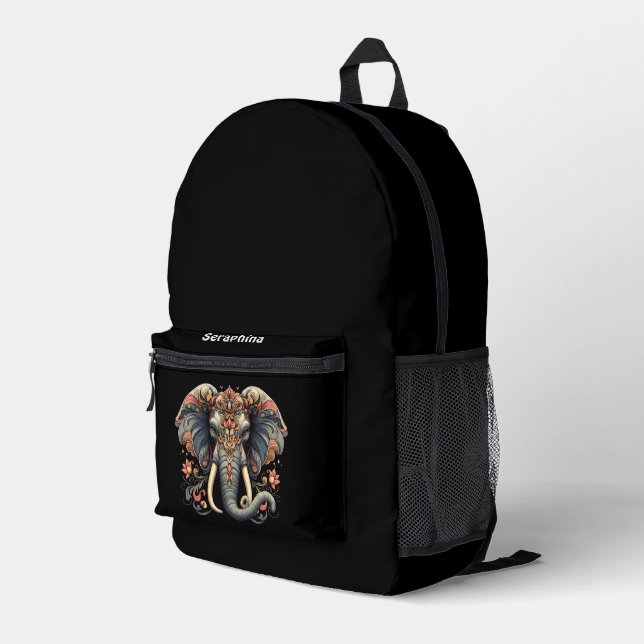 Elephant with intricate floral designs printed backpack (Back Corner Right)