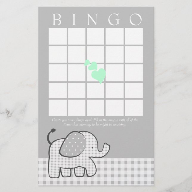 Elephant with Mint Green Hearts Gingham Bingo Card (Front)