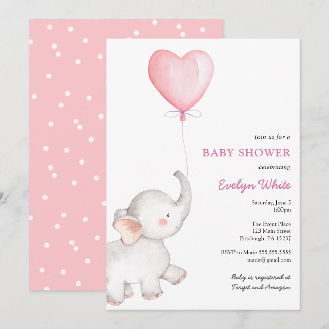 Elephant with Pink Balloon Baby Shower Invitation (Front/Back)