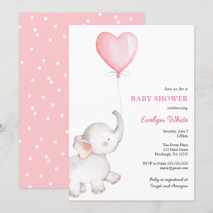 Elephant with Pink Balloon Baby Shower Invitation