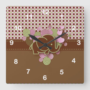 Elephant with Pink & Brown Plaid Background Square Wall Clock