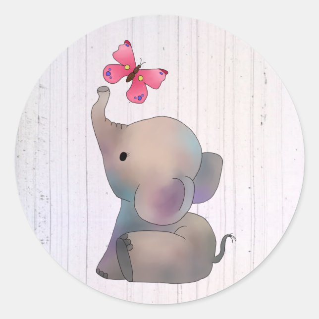 Elephant with pink butterfly classic round sticker (Front)