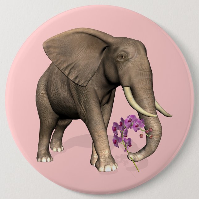 Elephant With Pink Orchid 6 Cm Round Badge (Front)
