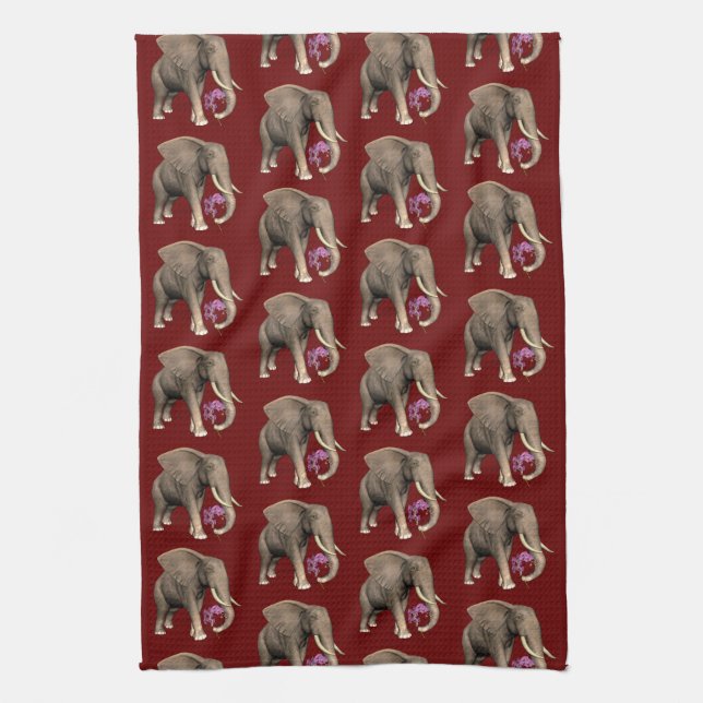 Elephant With Pink Orchid Tea Towel (Vertical)