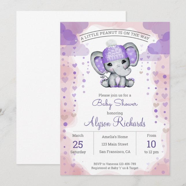 Elephant with purple hatBaby Shower  Invitation (Front/Back)