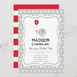 Elephant with Red Balloon Birthday Party Invite
