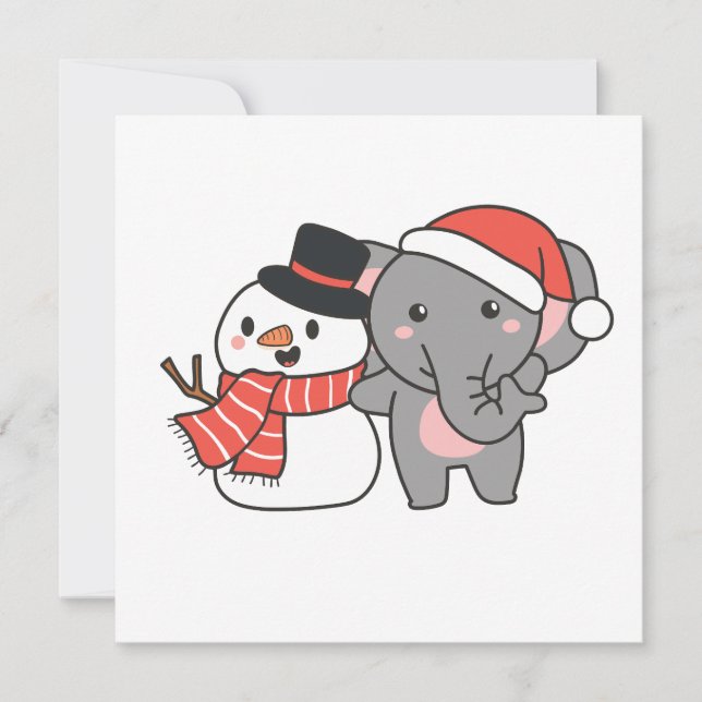 Elephant With Snowman In Winter For Christmas Holi Holiday Card (Front)