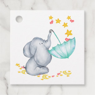 Elephant with Umbrella Cute Neutral Baby Shower Favour Tags