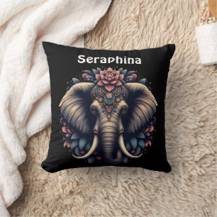 Elephant with vibrant floral patterns cushion