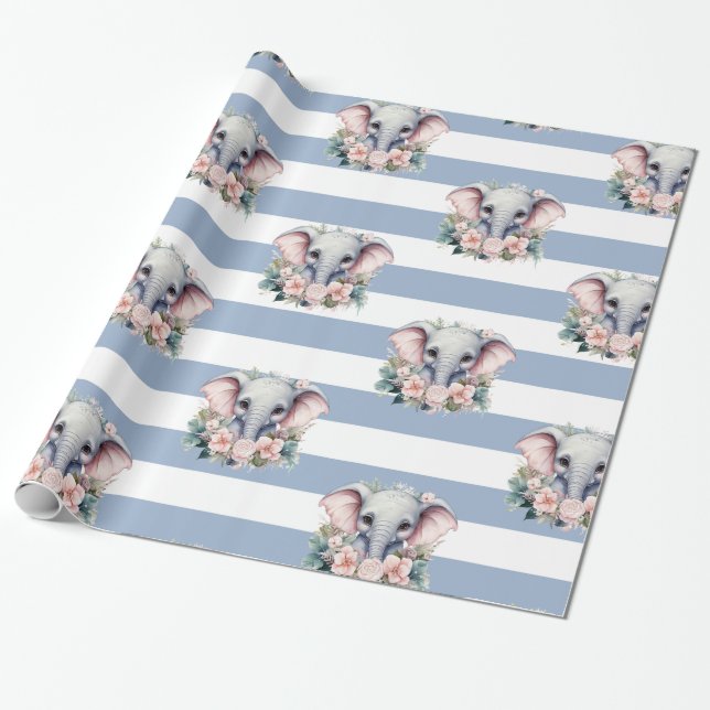 Elephant Wrapping Paper Blue & White Stripe  (Unrolled)