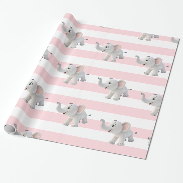Elephant Wrapping Paper Pink & White Stripe  (Unrolled)