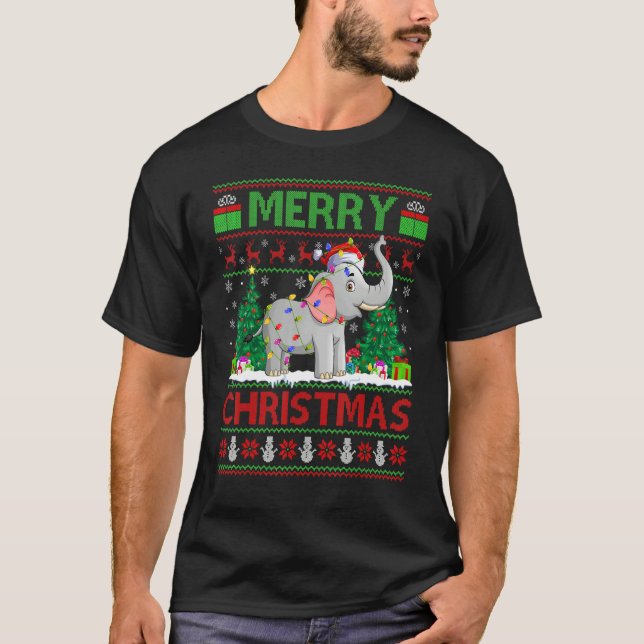 Elephant   Xmas Tree Light Ugly Santa Elephant Chr T-Shirt (Front)