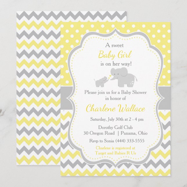Elephant Yellow and Grey Baby Shower Invitation (Front/Back)