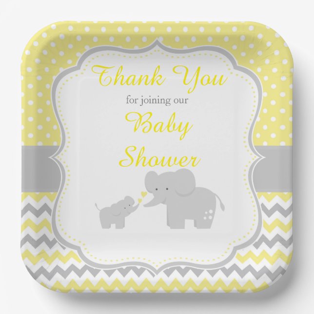Elephant Yellow and Grey Baby Shower Party Paper Plate (Front)