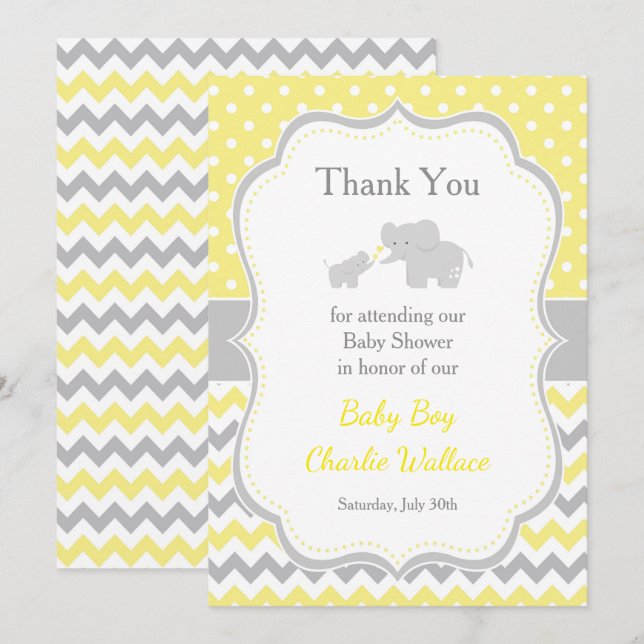Elephant Yellow and Grey Baby Shower Thank You Card (Front/Back)