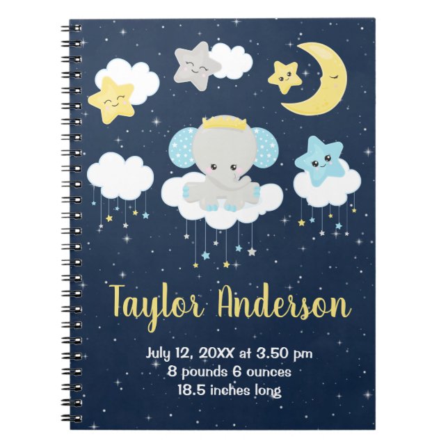 Elephant Yellow and Navy Baby Birth Statistics Notebook (Front)
