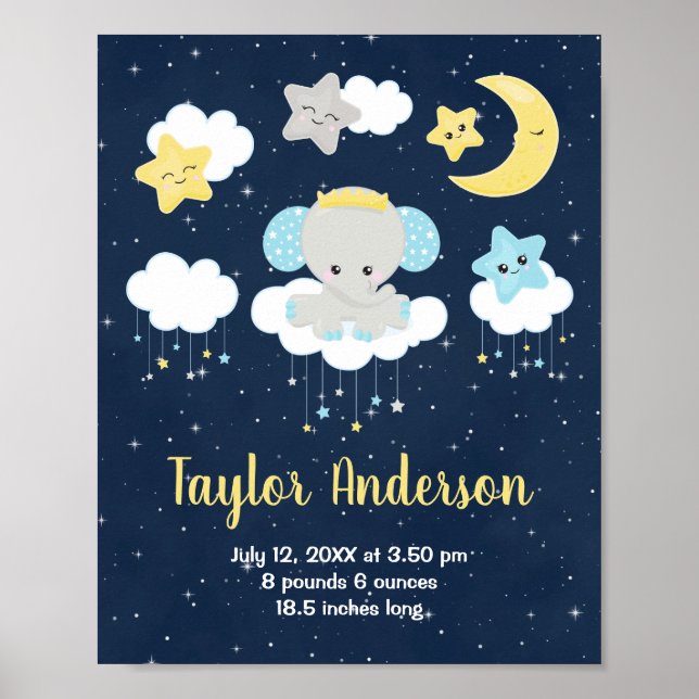 Elephant Yellow and Navy Baby Birth Statistics Poster (Front)