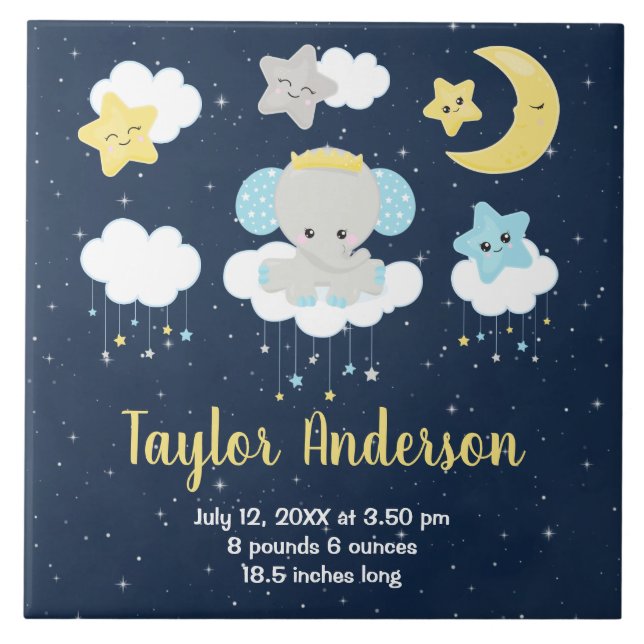 Elephant Yellow and Navy Baby Birth Statistics Tile (Front)
