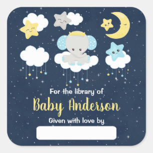 Elephant Yellow and Navy Baby Library Bookplate Square Sticker