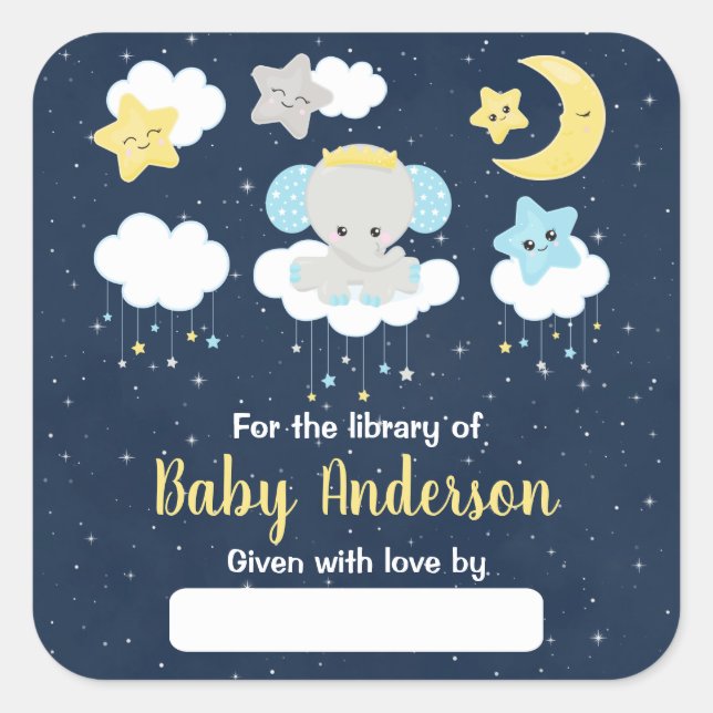 Elephant Yellow and Navy Baby Library Bookplate Square Sticker (Front)